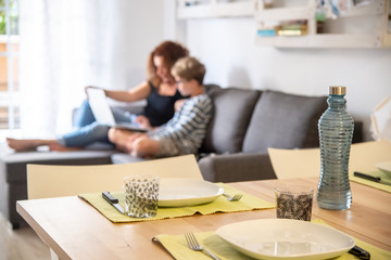 Table set for lunch, white ceramic dishes and decorated glasses with leaves placemats green. Mom and son using a computer sitting on the sofa in the background. Family scene at home mother and son
