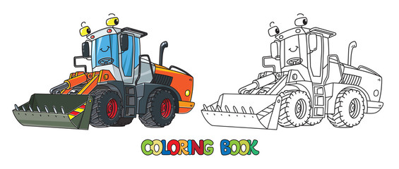 Funny constuction tractor with eyes. Coloring book © passengerz