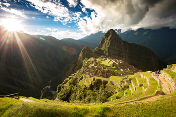 Panoramic view of sunset over Machu Picchu, Peru - obrazy, fototapety, plakaty
