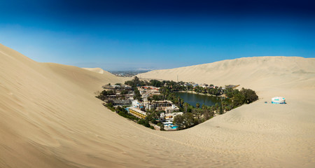 Panoramic view of the desert oasis of Huacachina, Peru