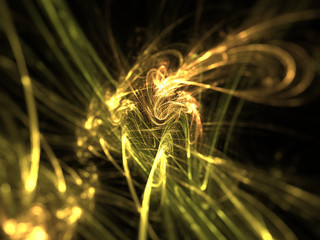 Abstract Illustration - Colorful Fractal Yellow Plasma, Strings of Chaotic Plasma Energy. Smoke, Energy Discharge, Scientific Plasma Study. Digital Flames, Artistic Design, Distant Universe