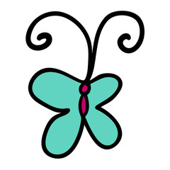 Cartoon doodle linear butterfly isolated on white background. Vector illustration.  