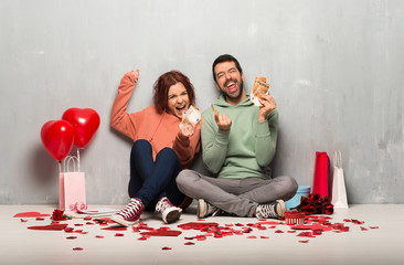 Couple in valentine day taking a lot of money