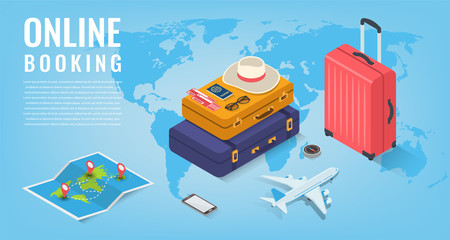 Travel equipment in Isometric style. Travel and tourism concept. Vector