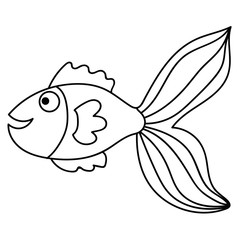Happy thin line cute cartoon doodle fish. Hand drawn cheerful tropical aquarium animal. Icon isolated on white background.  