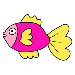 Happy thin line cute cartoon doodle fish. Hand drawn cheerful tropical aquarium animal. Icon isolated on white background.  