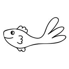 Happy thin line cute cartoon doodle fish. Hand drawn cheerful tropical aquarium animal. Icon isolated on white background.   