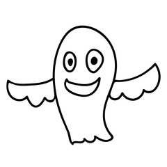 Cartoon doodle linear happy ghost isolated on white background. Vector illustration.  