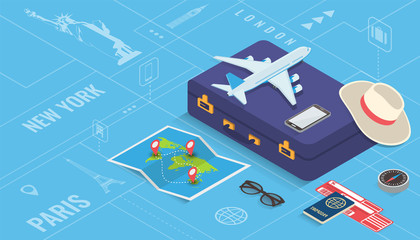 Travel equipment in Isometric style. Travel and tourism concept. Vector