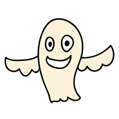 Cartoon doodle linear happy ghost isolated on white background. Vector illustration.  