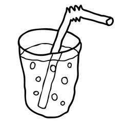 Cartoon doodle linear glass with drinking tube isolated on white background. Vector illustration. 