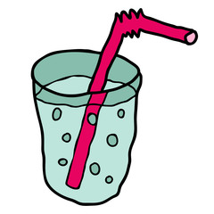 Cartoon doodle linear glass with drinking tube isolated on white background. Vector illustration. 