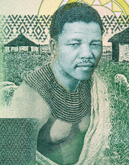 Young Nelson Mandela and his birthplace of Mvezo on South Africa 10 rand note. President of South...