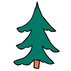 Cartoon doodle linear Christmas spruce isolated on white background. Vector illustration. 
