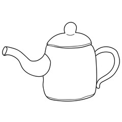 Cartoon doodle linear kettle, teapot isolated on white background. Vector illustration.