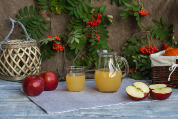 autumn composition with apples and apple juice in a jug with rowan on the background