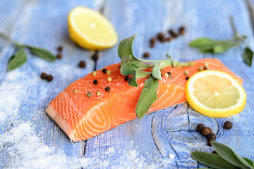 Fresh salmon on rustic background