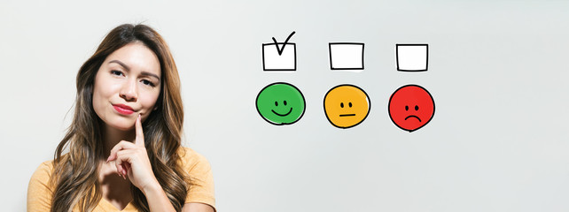 Survey with young woman in a thoughtful fac
