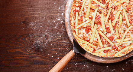classic Italian pizza on a wooden tray, served in a small authentic Italian restaurant