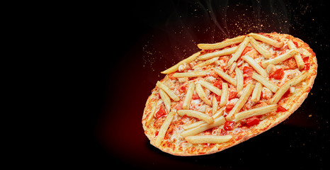 pizza with fries on top as a filling. two in one combined sentence.