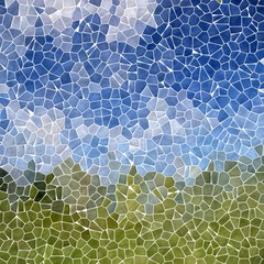 abstract nature marble plastic stony mosaic tiles texture background with white grout - sky blue and grass meadow green colors - horizontal view