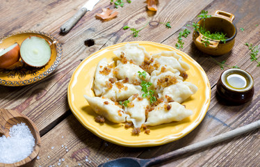 Fresh homemade dumplings on wood.