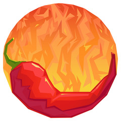Circle Icon Spicy red hot chilli pepper on yellow orange fire background
