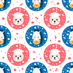 Fototapeta premium Cartoon sheep and zebra seamless pattern, childish vector print