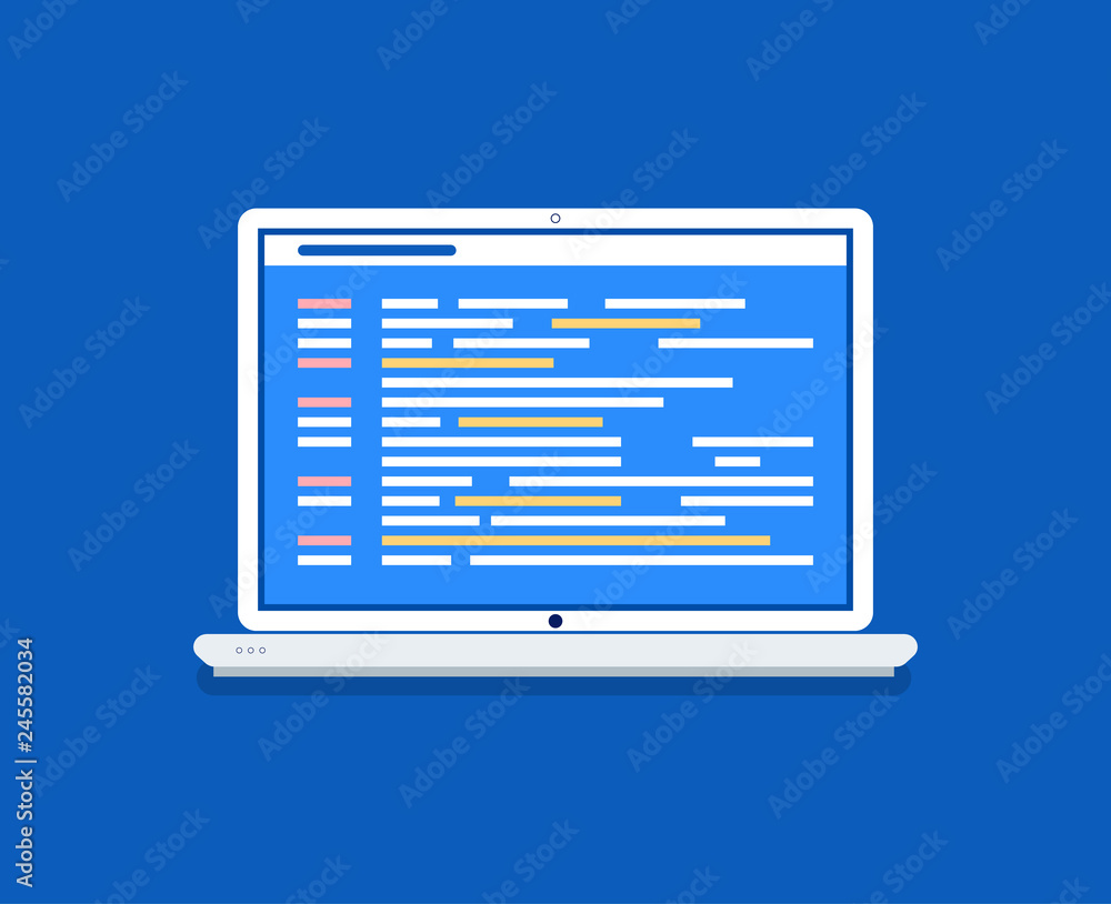 Poster laptop, programming code on screen, computer program creation. cyberspace, digital technologies, por