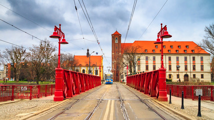 Evening urban landscape - view of The Most Piaskowy (Sand Bridge) over the Oder River, Wroclaw, Poland