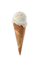 Vanilla ice cream scoop with cone isolated on white background