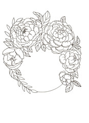 Buds of peonies around. Sketch. Illustration. Spring flowers. Black contour. White background. Print.