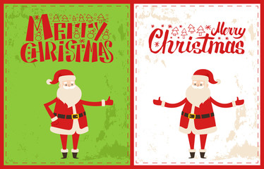 Merry Christmas Santa Claus celebrate Xmas time. Bearded man send warm wishes on New Year eve, vector senior person in red costume and gesture signs