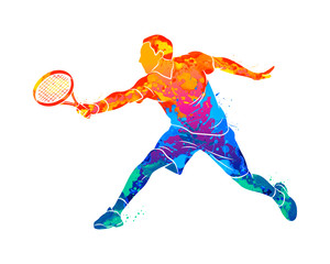 Abstract tennis player with a racket from splash of watercolors
