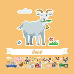 Obraz na płótnie Canvas Vector illustration of funny cartoon goat. Happy isolated animal. Milk farm collection flat stickers.
