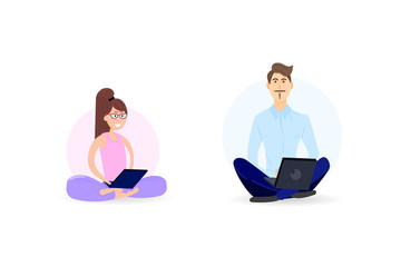 Man and woman with laptop meditating in the office. Flat illustration.