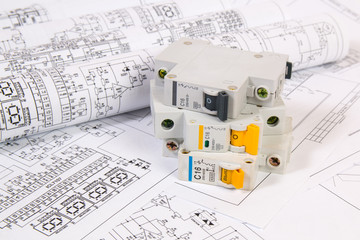 Electrical engineering drawings and modular circuit breaker. Electrical network protection and switching.