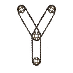 Steampunk alphabet font letter Y from chain gear. Typography characters collage of mechanical hardware parts. Isolated elements for bike, wheel, motor repair or factory production or other industry