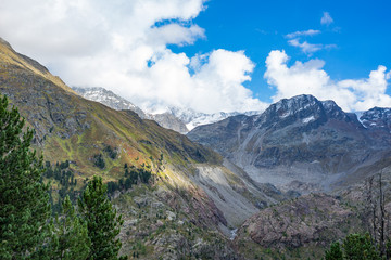 Mountains, peaks, lake, everlasting ice and trees landscape. Kaunertaler Gletscher natural environment. Hiking in the alps, Kaunertal, Tirol, Austria, Europe