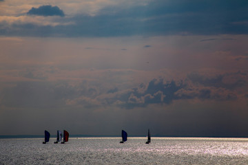 yachts in the sea at sunset