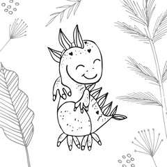 Stylized dinosaur of the middle to late Cretaceous period. Freehand sketch for anti stress coloring book page with doodle elements