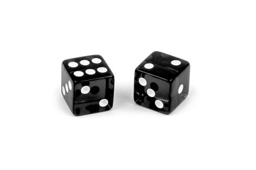 Two black glass dice isolated on white background. Six and two.