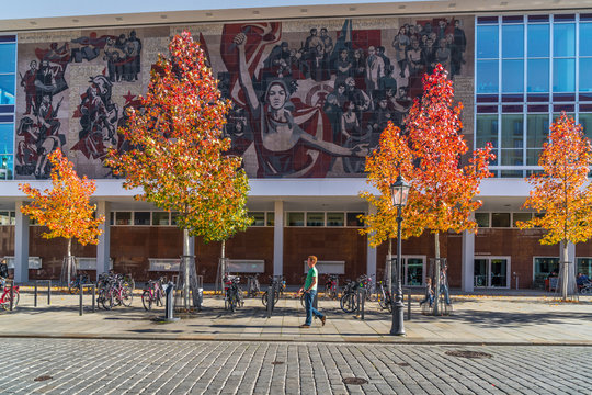 Fassade des Kultuspalasts in Dresden mit herbstlichen B&auml;umen