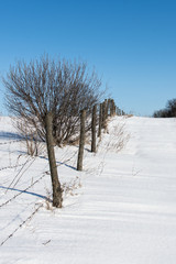 Outskirts of the village, Barbed wire fence in the village, winter time, land in the snow