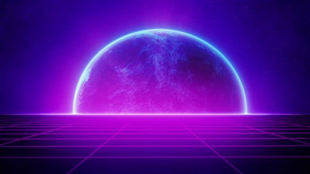80s Retro Futuristic Blue Glowing Planet and Purple Grid. Seamlessly looping animated background.