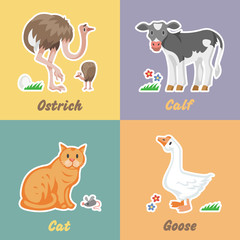  Сartoon set funny farm animals with ostrich, calf, cat, mouse and goose. Happy farming pet stickers collection.