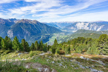 Fototapeta na wymiar Mountains, peaks, lake, everlasting ice and trees landscape. Kaunertaler Gletscher natural environment. Hiking in the alps, Kaunertal, Tirol, Austria, Europe
