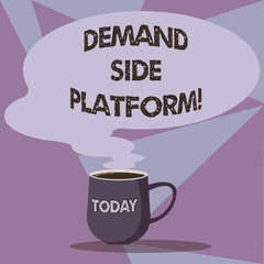 Writing note showing Deanalysisd Side Platform. Business photo showcasing Software that is used for programmatic ad buying Mug of Hot Coffee with Blank Color Speech Bubble Steam icon