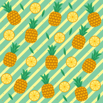 Pineapple vector background. Summer colorful tropical textile print. Pineapple slices, pineapples, leaves on yellow striped background. Vector illustration EPS10. © katarinanh