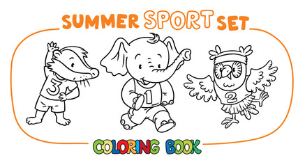 Badger, elephant and owl doing exercises. Sport.